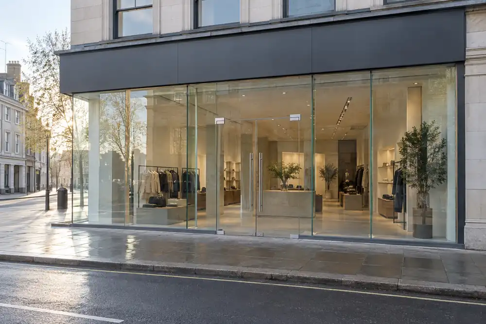 Modern frameless glass shop entrance