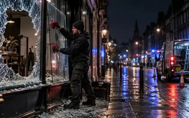 Glazier replacing broken commercial shopfront glass