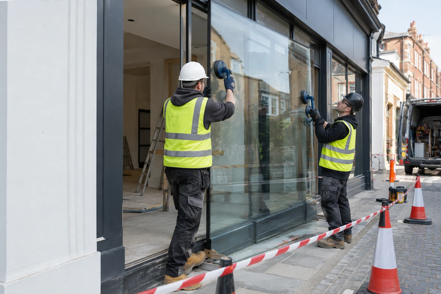 Glaziers fitting a new glass pane to an aluminium shopfront