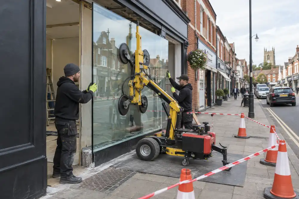 Glaziers using suction lifting equipment to position replacement shopfront glass