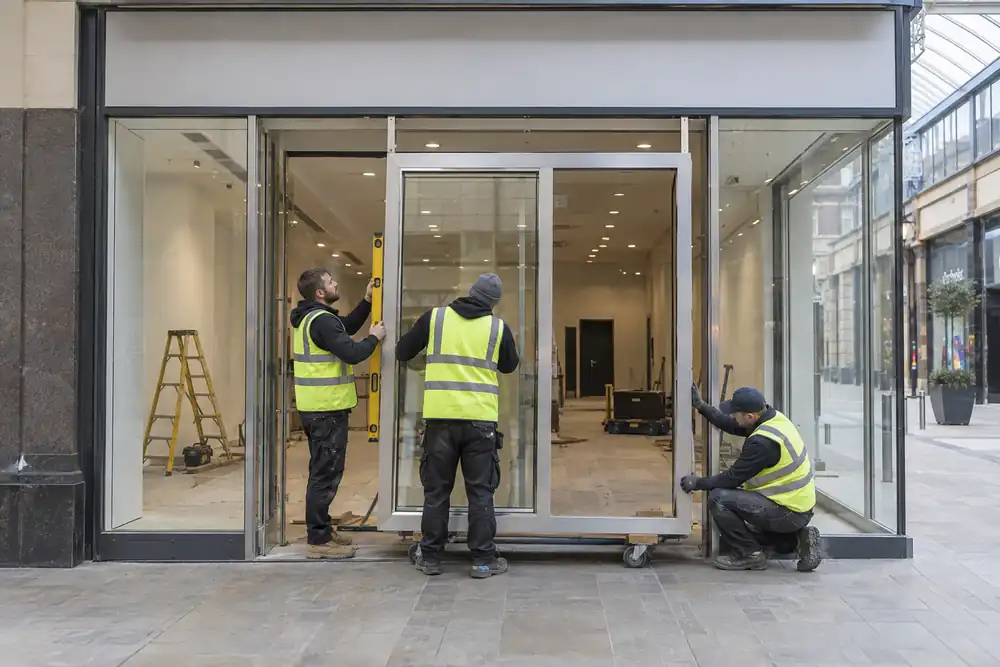 Glaziers installing a new aluminium and glass shopfront